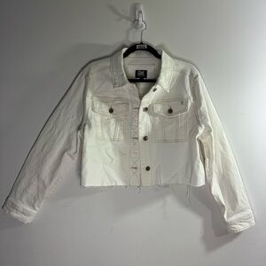 Frye Cropped Denim Trucker Jacket Ivory Raw Hem Utility Western L